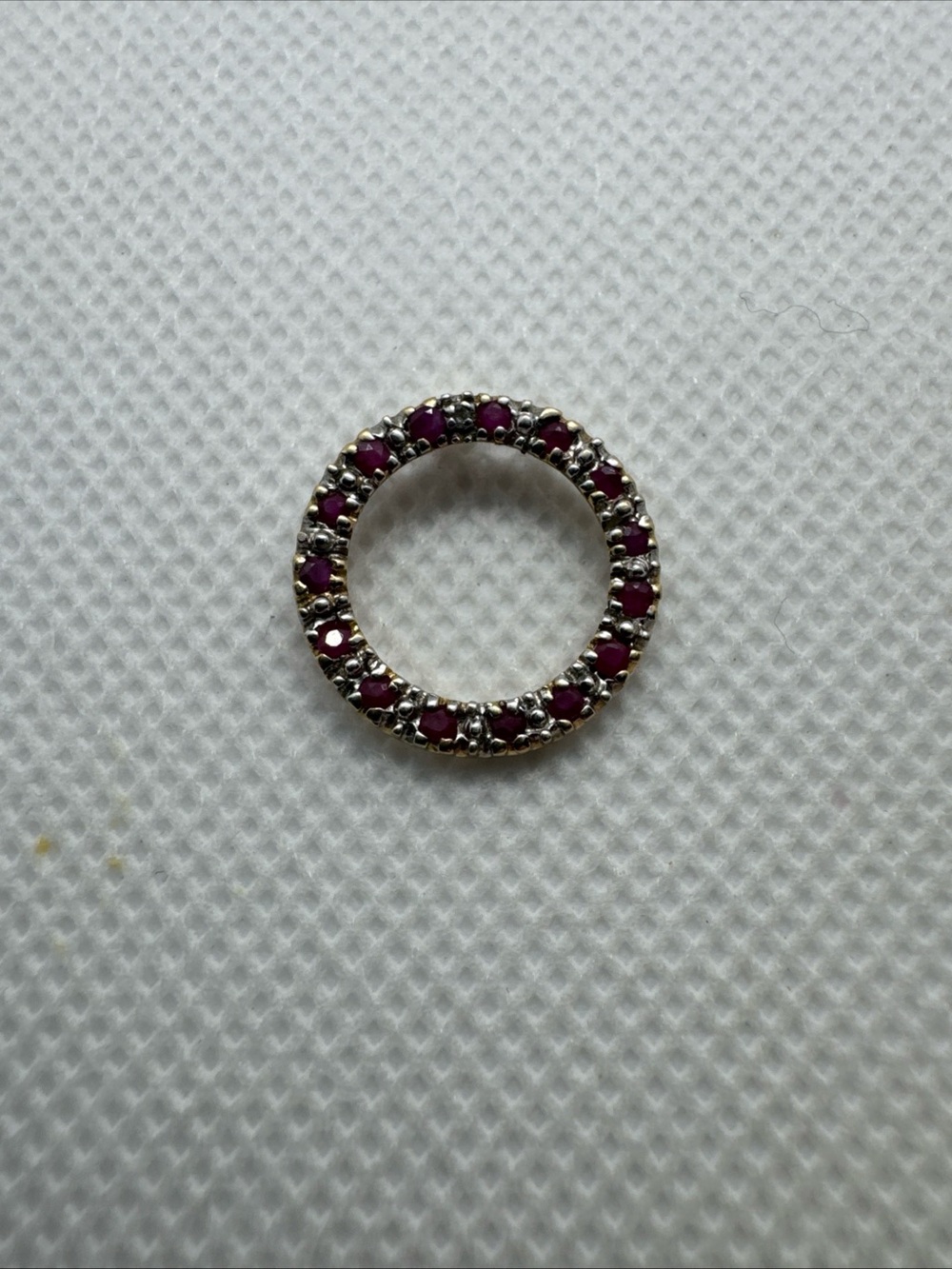 10k Two Tone Gold Red Ruby Round Circle Pendant Gemstone Charm Signed CID